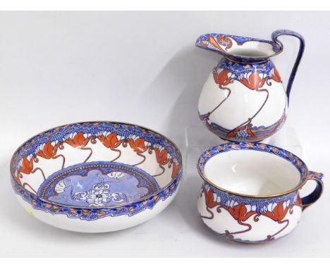 A Doulton art nouveau 'Kelmscott' three piece wash basin set comprising basin, jug & pot, bowl 14.25in diameter