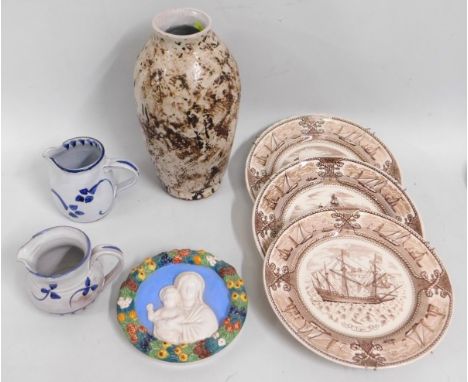 Three Mason's ship plates: Tiger, Royal Sovereign & Golden Lion twinned with studio vase, two studio jugs & an Italian Della 