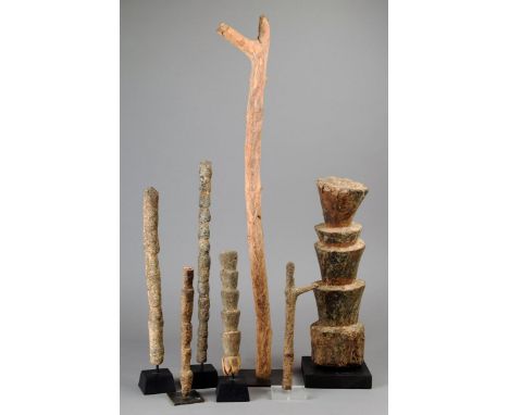 A Dogon miniature spirit ladder Sanga Village, Mali wood, 65cm high, on a stand, and five similar posts and a ladder, on stan