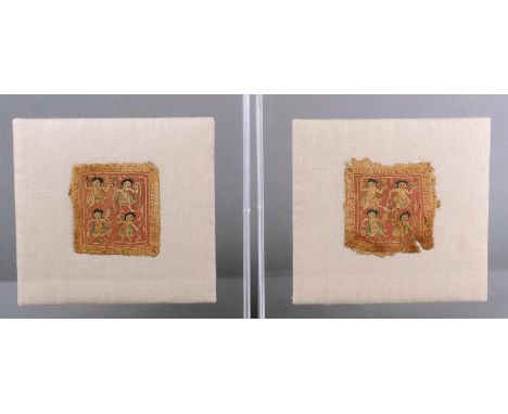 A pair of Coptic textile fragment panels circa 3rd - 4th century AD each with four figures, representing earth, fire, air and