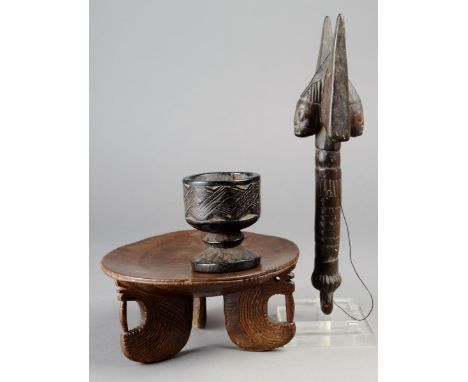 A Kuba spice mortar Democratic Republic of Congo wood, with a carved geometric band, 7.8cm high, a Yoruba Janus Shango staff 