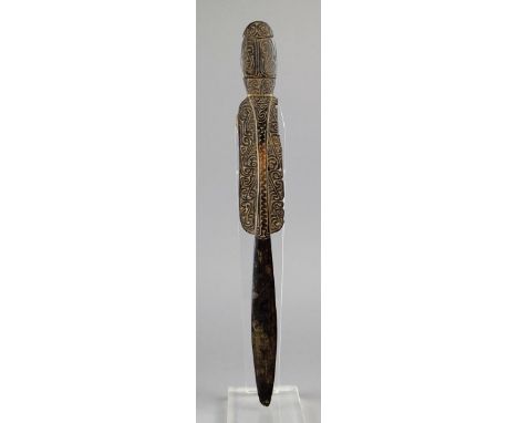 A Massim lime spatula Trobriand Islands, Melanesia wood, with carved scroll and pierced decoration, with a 'clapper' finial, 