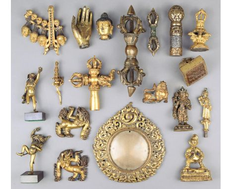 Five gilt bronze figures Tibet including two dancing and two with turquoise mounts, with fourteen bronze items, including a h