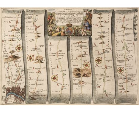 * Ogilby (John). The Road from London to Holy-head co. Anglesy..., circa 1675, hand-coloured engraved strip road map, cartouc