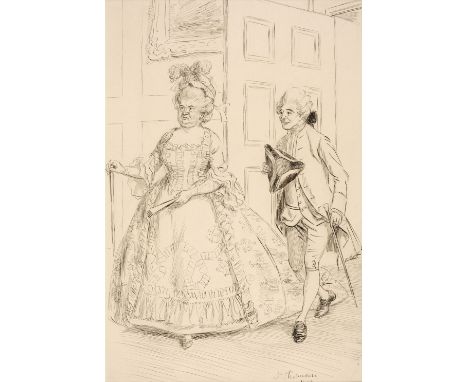 * Thomson (Hugh, 1860-1920). Original pen and ink illustration of 'Madame Duval accompanied by Monsieur Du Bois', from "Eveli