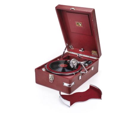 * Gramophone. Vintage portable HMV gramophone, model 102, with scarce luxury red rexine leathercloth covering, circa 1935, in
