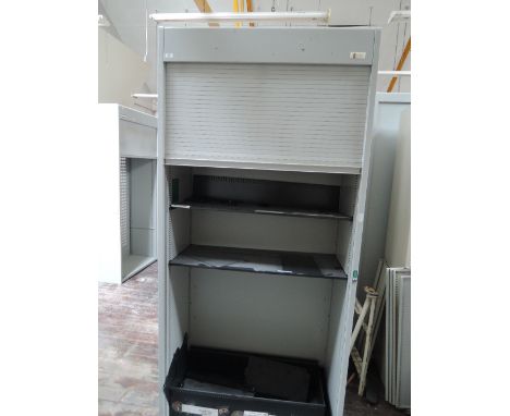 A metal roller front storage cabinet