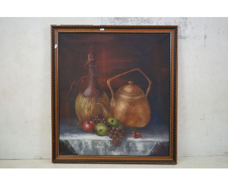 Large Oil Painting on Canvas of Still Life Table Scene, 66cm x 76cm together with Print of a 19th century Child sat in a Gard