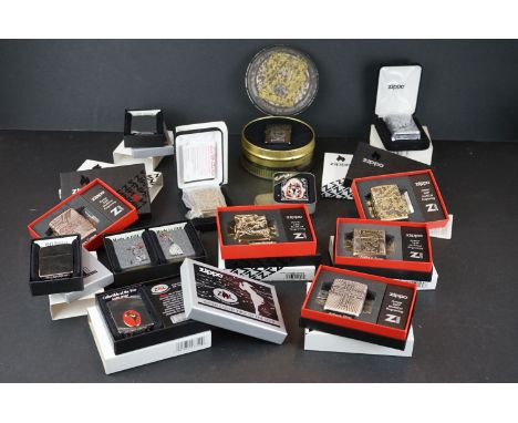 A collection of thirteen boxed zippo lighters to include Harley Davidson and Steampunk examples. 