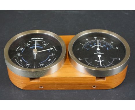 Short and Mason Thermometer and Hygrometer by Taylor mounted on a Teak Plinth, 25cm wide