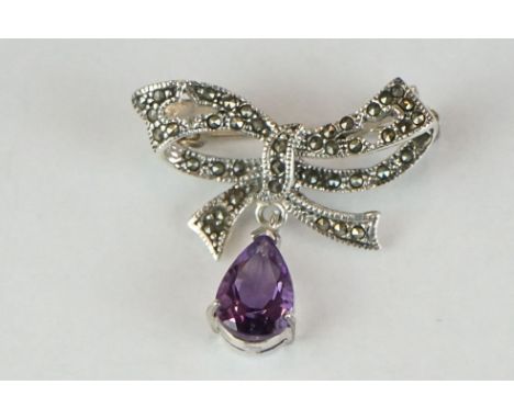 Silver and marcasite bow-shaped brooch with large amethyst drops 