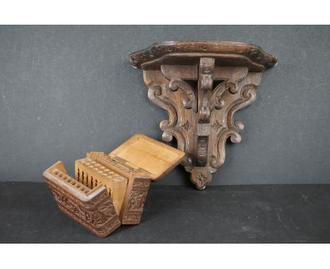 Antique wooden bracket shelf together with an Anglo Indian Carved Teak Cigarette Box 