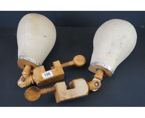 Pair of vintage wooden &amp; canvas covered Milliners heads on stand 