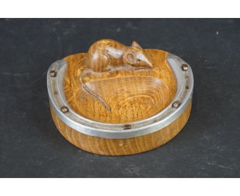 Workshop of Robert Mouseman Thompson, Oak Horseshoe shaped Pin Tray with carved mouse and mounted with a horseshoe, 12cm wide