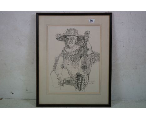 Ron Freeborn (1936-2021) signed illustration portrait of a Venetian mandolinist 