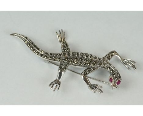 Large silver and marcasite lizard brooch with ruby eyes 