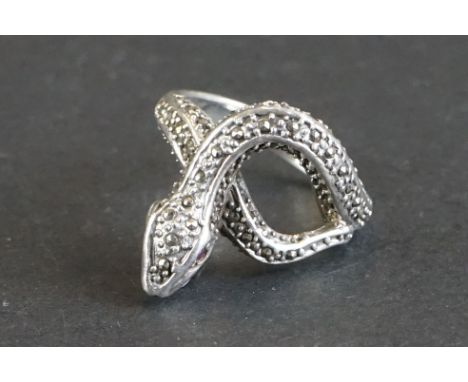 Silver and CZ snake ring set with marcasite and ruby eyes 