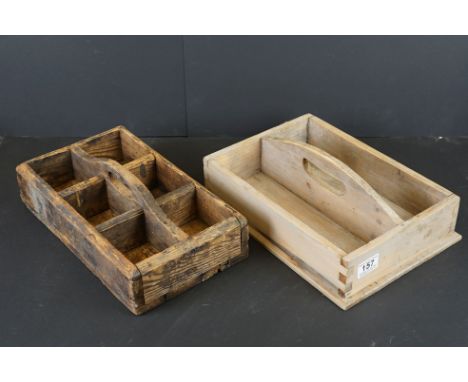 Vintage Pine Two Section Cutlery Tray 34cm long together with a Pine Six Section Tray 34cm long 