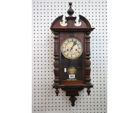 Victorian Walnut and Pine Cased 8 day Hanging Wall Clock with enamel and brass dial, with pendulum and key, 73cm high 