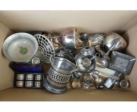 A collection of mixed silver plated items to include cutlery, ashtray, napkin rings..etc.. 