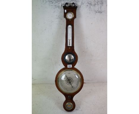 19th century Mahogany and Satinwood Inlaid Wheel Barometer with dry / damp dial, thermometer, convex mirror and level, marked