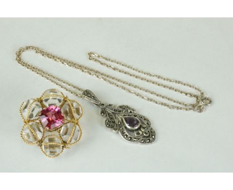 A 925 sterling silver Art Deco style marcasite necklace together with a vintage brooch. 