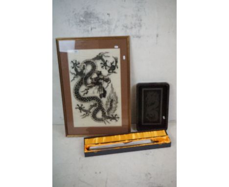 A small group of Chinese collectables to include a boxed scroll, a tray and a framed and glazed Chinese dragon. 