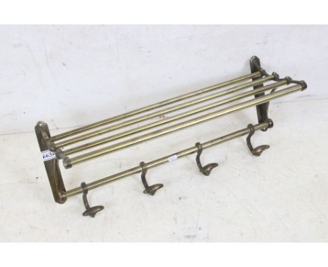 Early vintage brass wall hanging luggage rack with 4 coat hooks 