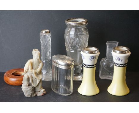 A small box of mixed collectables to include silver toped ceramic vases, glass vases, hallmarked silver topped vanity jar and