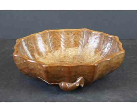 Robert Mouseman Thompson, Oak Adzed Oak Octagonal Bowl with carved mouse signature, 25cm diameter 