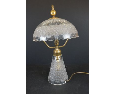 Cut Glass Mushroom Table Lamp and Shade with brass mounts, 56cm high 