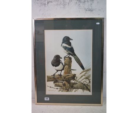 Edwin Penny - 1970's Signed Print of two Magpies published by Venture Prints with gallery blindstamp, 37cm x 50cm, framed and