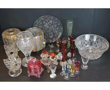 Collection of Glassware, mainly 20th century including Cut Glass Vase 27cm high, Cranberry Glass, Pair of American Metal Over