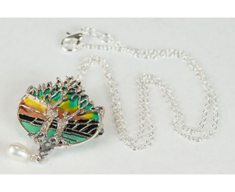 Silver and plique a jour pendant-brooch necklace in the tree of life form with pearl drop 