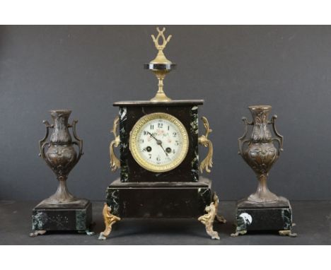 19th century Slate Clock Garniture with gilt metal mounts, clock 41cm high 