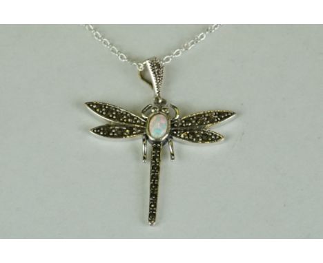 Silver and marcasite dragonfly necklace with opal panel 