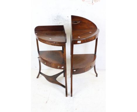 Two George III Mahogany Corner Washstands, one with satinwood string inlay and drawer to shelf, 102cm high x 56cm wide and th