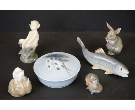Six items of Royal Copenhagen Porcelain including Rabbit 1019, Salmon 449, Mouse on a Chestnut 511, Otter with Fish 2333, Fau