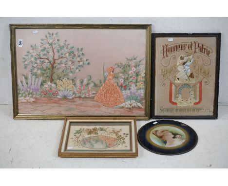 Early 20th century Needlework Embroidery of a Crinoline Lady in a garden, 66cm x 44cm together with French Embroidery, Small 