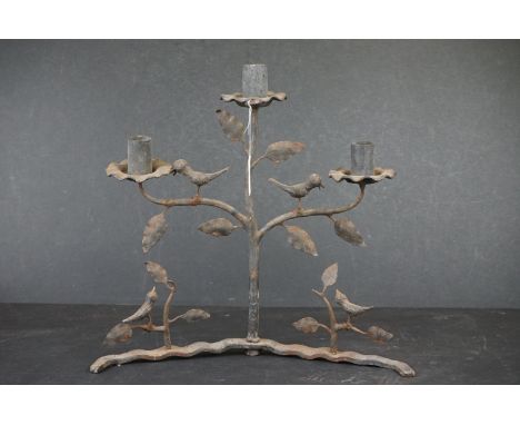 Vintage Folk Art iron three branch candlestick, in the form of a tree with stylised birds 