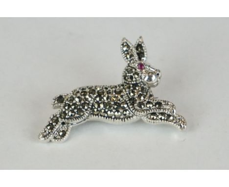 Silver and marcasite rabbit brooch with ruby eye 