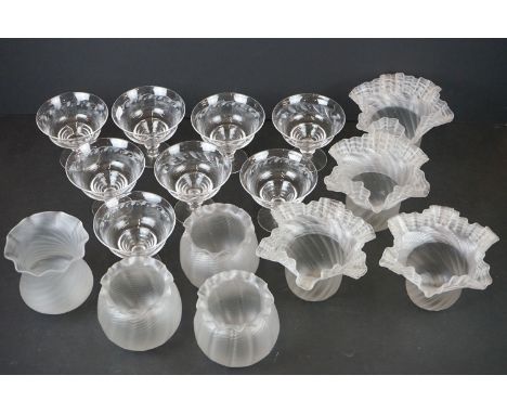 Eight Stuart Crystal footed trifle dishes with an etched design (Rd np. 681649) together with Eight Early 20th century froste