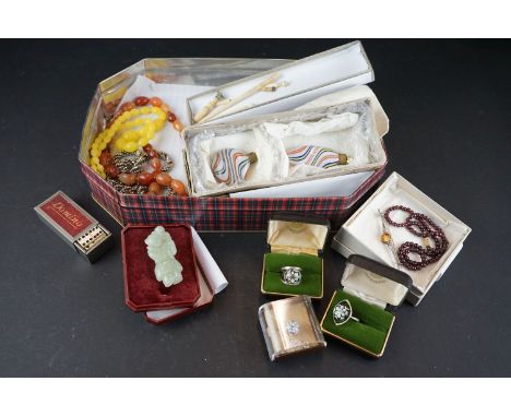 A box of mixed collectables to include glass scent bottles, Jade amulet and a quantity of vintage costume jewellery. 