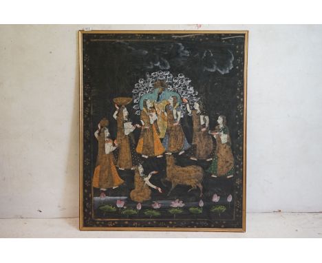Large Anglo Indian watercolour on textile portrait of princes with servants and ox 