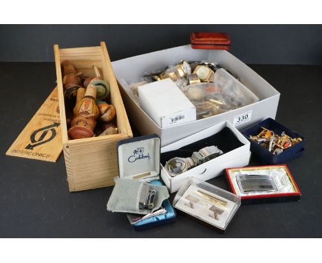 A box of mixed collectables to include Gents watches, pocket lighters, cufflinks and tie clips plus a Crate of Bavarian Woode