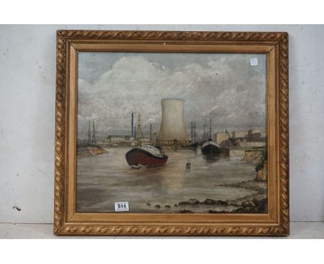 Large vintage oil painting on board of Liverpool Harbour 