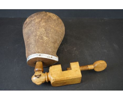 Vintage wood &amp; canvas covered Milliners head with stand 