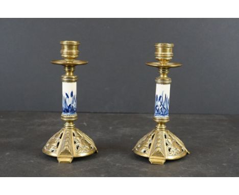 Pair of brass and ceramic aesthetic, late 19th Century candlesticks with registration diamond to underside 