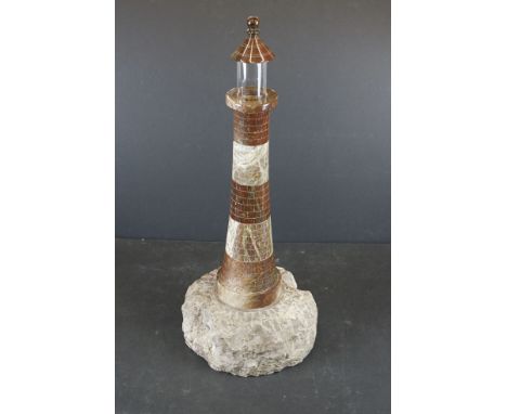 Large Cornish Serpentine Stone Lighthouse Table Lamp, the main body formed from bands of red and grey stone with a brick effe