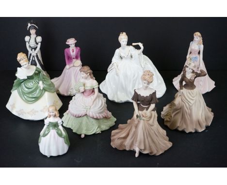 Nine Mainly Coalport ceramic lady figurines to include 6 Coalport examples (including Ladies of Fashion, Beau Monde and Age o